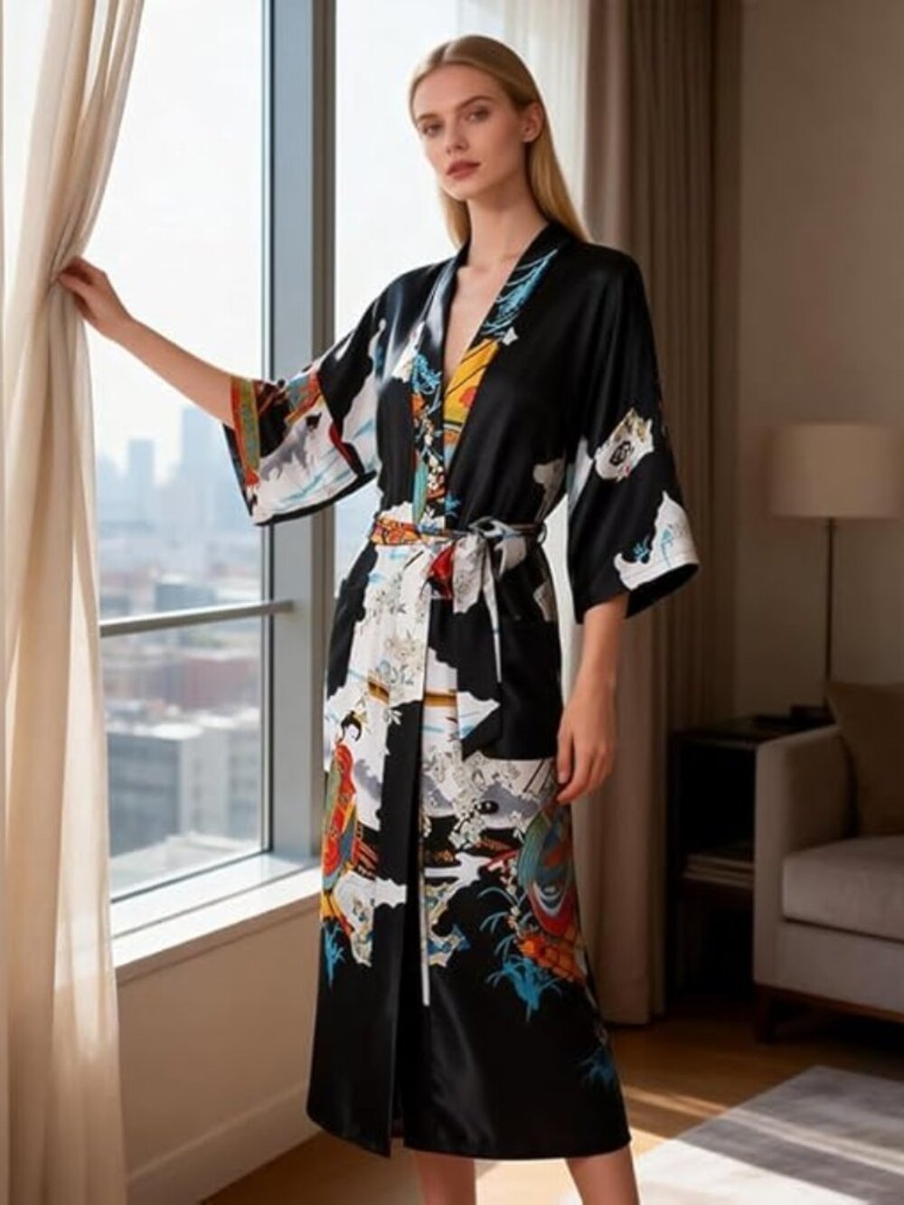 BRAND NEW Women’s Long Satin Kimono Robe with Side Pockets